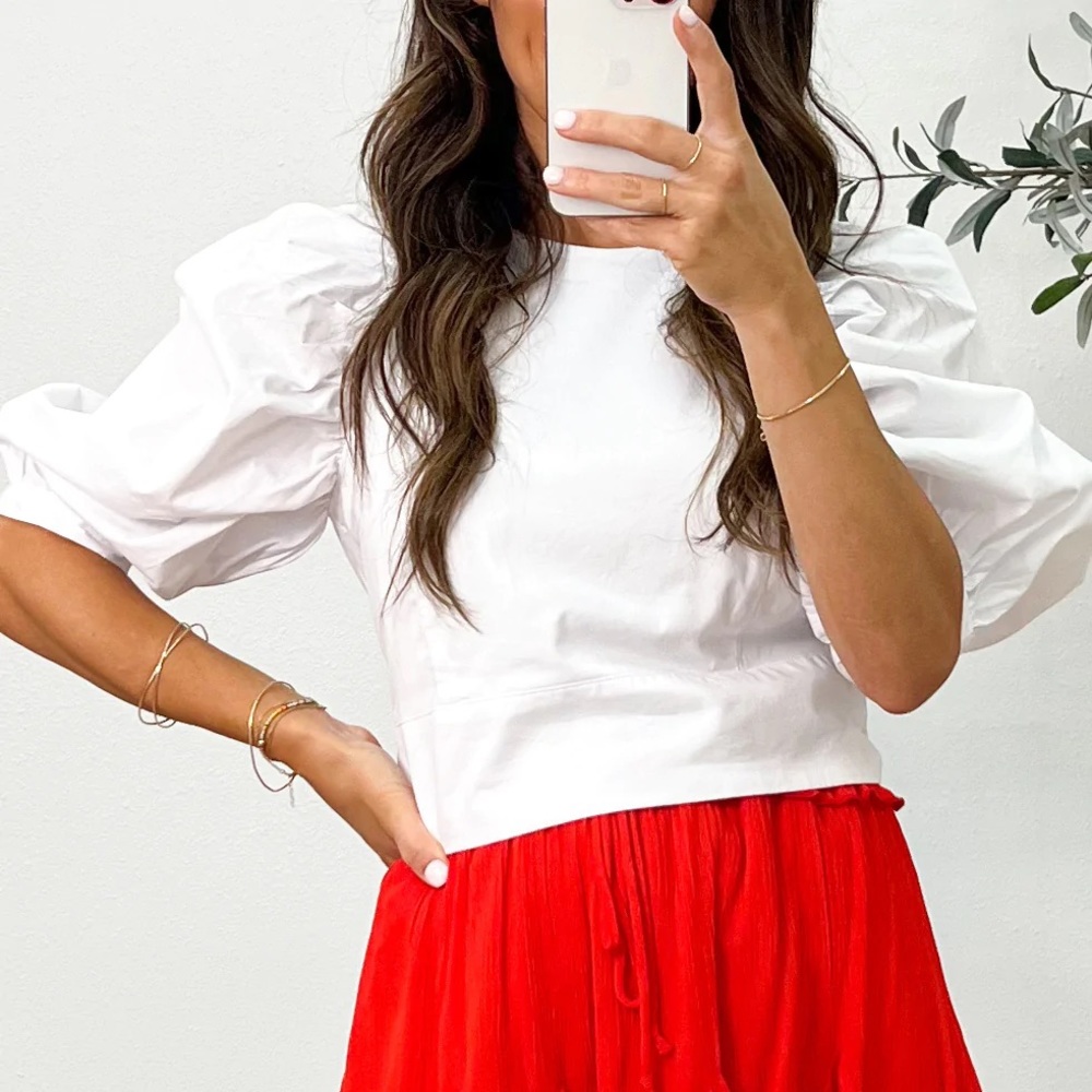 White puff sleeve top with tie back